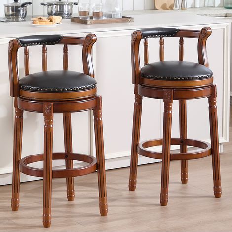 Taburete de bar 52 x 55 x 96 cm de madera y cuero negro, giratorio 360° para cocina FloraGrace
