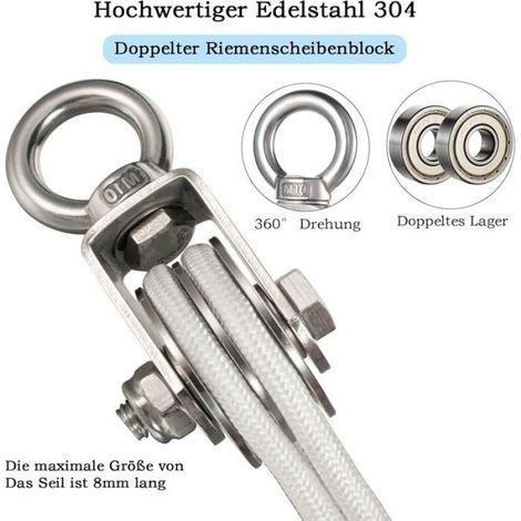 Poulie Double - Acier Inoxydable 304 - Roulements À Billes - Capacité De Levage 500 Kg - Pour Câble Jusqu'à 8 Mm - 1 Pièce (1/5)