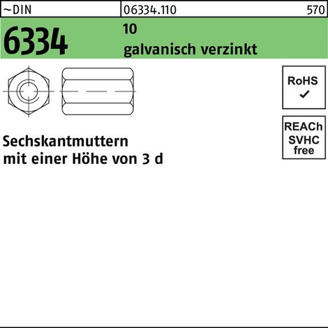 Ecrou hexagonal DIN 6334 M10 SW 17 10 galv. 50 pièces