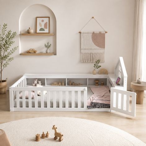 Kinderbett 90x200 cm weiß aus Massivholz mit Dachform, Fenster, Stauraum und Sicherheitsgitter (1/5)