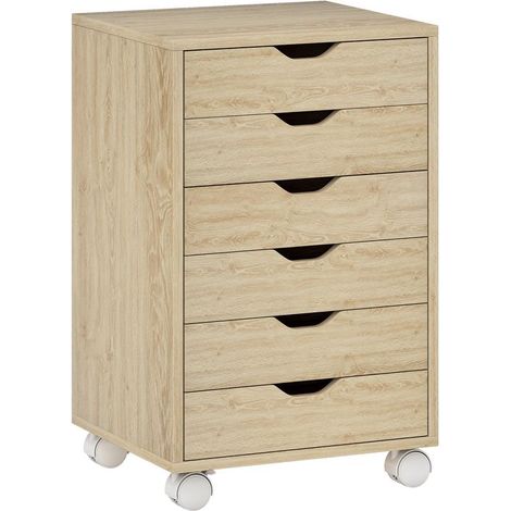 Bureau mobile en chêne 6 tiroirs avec roulettes silencieuses pour domicile, meuble fonctionnel et esthétique tendance (1/5)