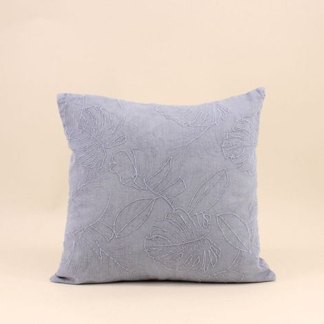 Coussin brodé feuillage avec lin gris 40x40cm (1/5)