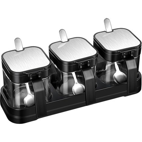 Pot à condiments en verre avec couvercles et cuillères inox, pour épices, sel, sucre – cuisine et rangement