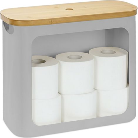 Relaxdays Toilettenpapier Aufbewahrung, 12 Rollen, HxBxT: 36 x 43 x 17 cm, Stoff, Bambus, Klopapier Korb, Vorrat, grau