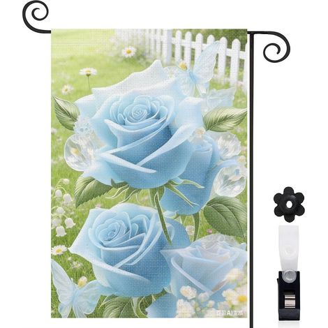 Drapeau vertical clôture blanche et roses bleues 30 x 45 cm décoration saisonnière cour (1/5)