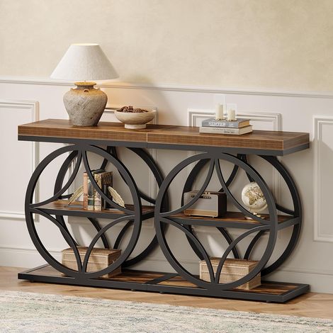 Tribesigns 2-set Side Table for Living Room, Narrow Small End Table with 3-Tier Storage, Industrial Bedside Nightstand with Metal Frame, Rustic Brown (1/5)