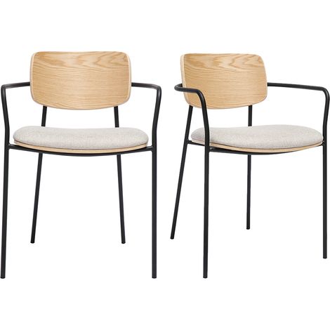 Sedie in legno chiaro di quercia, tessuto effetto velluto testurizzato beige e metallo nero (set di 2) SUSAN