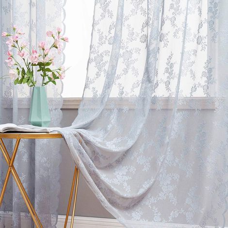 Spitzenvorhang – floral bestickte, durchsichtige Spitzenvorhänge mit Wellenkanten, graue, durchsichtige Vorhänge mit Blumenmuster, filternde Vorhänge für Schlafzimmer, Wohnzimmer, 2 x 145 x 245 cm (1/5)