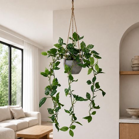 70cm Artificial Green Tradescantia Hanging Plant in Grey Pot (1/3)