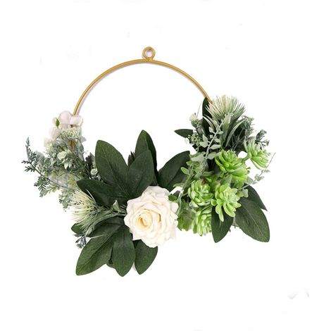 Couronne décorative avec anneaux métalliques, couronne murale ronde de 30 cm en eucalyptus, verte, idéale pour la maison, l'extérieur ou un mariage. (1/5)