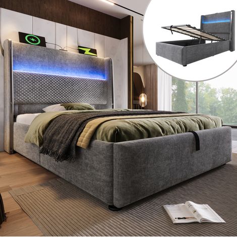 Cama con almacenamiento hidráulico de lino gris 90x200 cm con LED, USB y Type-C (1/5)
