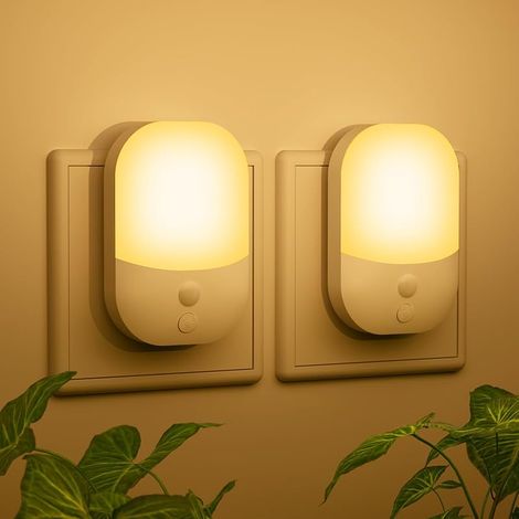 2 Stück Nachtlicht Steckdose mit Dämmerungssensor, 5 Einstellbare Helligkeitsstufen, ON/OFF/AUTO Modi, 3000K WarmWeiß Nachtlicht für Flure, Treppen, Schlafzimmer, Küchen, Badezimmer, Wohnzimmer, 0.3W (1/5)