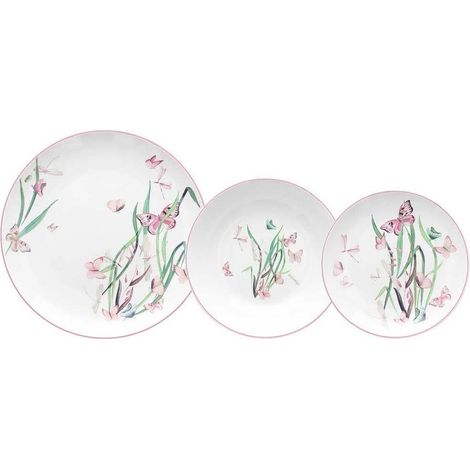 Andrea Fontebasso Servicio de Mesa 18 Piezas Butterfly Ball Porcelana - 6 Platos Llanos 27 Cm, 6 Platos Hondos 20 Cm, 6 Platos de Frutas 19 Cm