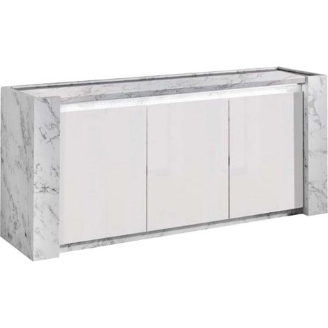 PRAVA - Buffet 3 Portes Laqué Blanc et Effet Marbre avec Leds (1/5)