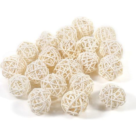 Boules de Rotin en Osier Bricolage Artisanat à La Main Vigne Boule Ronde Pendentif Décoration de Table de Mariage pour Bébé Chambre Pépinière Maison 20 Pièces 5 Cm,blanc (1/4)