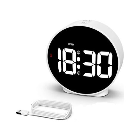 Réveil LED blanc, alarme lumineuse avec affichage du jour, fonction répétition, 4 niveaux de luminosité réglables, 2 alarmes, horloge numérique à piles pour enfants, adolescents et seniors (1/5)