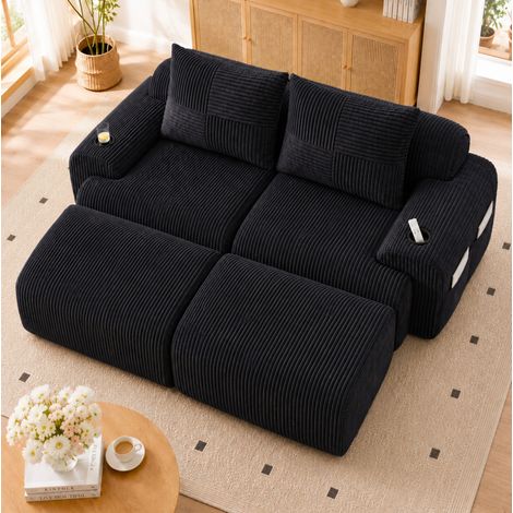 Sofa aus Cordstoff, schwarz, 200x174x80 cm, modularer 2-Sitzer mit Cupholder und Seitentasche (1/5)