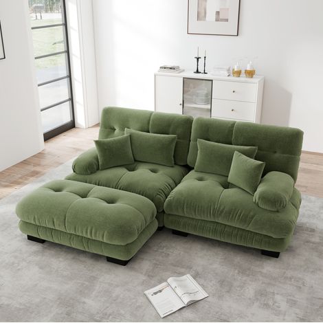 Divano angolare 220/145/81 cm in ciniglia verde con pouf mobili e design modulare (1/5)