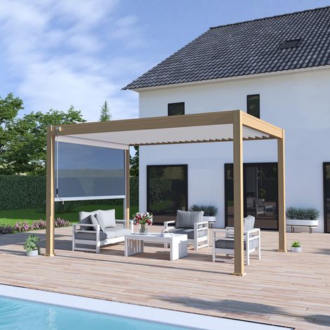 copy of Pergola bioclimatica Ombréa® VS autoportante 3x4M - Woodlook legno naturale + 1 tenda 4M bianco