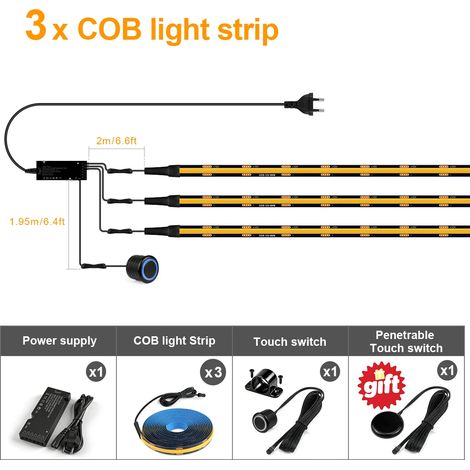 (3 bandes, lumière naturelle, 2M) Bandes LED noires, COB, interrupteur à gradation par capteur tactile double, aucun perçage requis pour l'installation. (1/5)