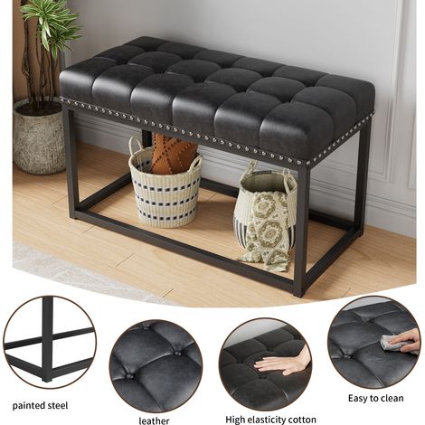 Banc rembourré vintage 36 pouces, siège en simili cuir capitonné à boutons, cadre en métal industriel pour salle à manger, entrée, chambre, salon ou pied de lit, noir. (1/5)