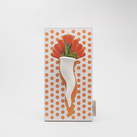 Succulente vivante dans un pot en céramique en forme de cornet - Idée cadeau ou bombonière - Modèle Pois - Orange