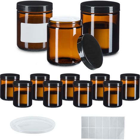 Relaxdays Amber Glass Jars, Set of 12, Cosmetics & Cream Pots, 240 ml, with Screw Lid, Cover Discs, Labels, Brown/Black (1/5)