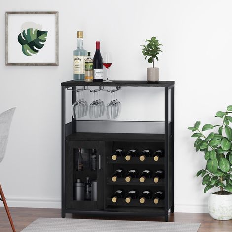 Casier à Vin pour 20 Bouteilles en Bois,Range-Bouteilles/Porte-Vin à 5 Étagères avec 9 Porte-Gobelets,68x 35x 91CM,noir (1/5)