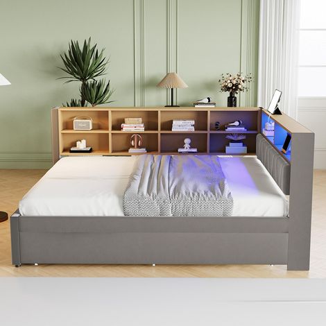 Canapé-lit 140200, lit escamotable 90190 avec éclairage LED, prises de courant et multiples compartiments de rangement, flanelle, gris foncé (1/5)