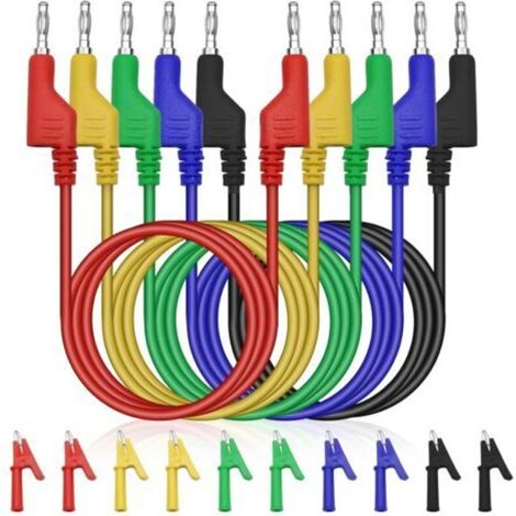 Lot de 5 cordons de mesure pour multimètre 4 mm, câbles de test multicolores avec fiches bananes, 10 pinces crocodiles isolées – pour appareils électriques,Voiture et Usage Industriel (1/5)