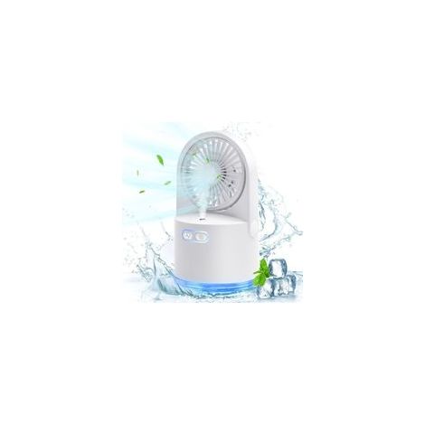 Mini ventilateur de bureau, portable Ventilateur USB avec brume froide pulvérisée, 3 vitesses réglables, 7 couleurs de veilleuses pour la maison, le bureau, l'extérieur, les voyages (blanc)