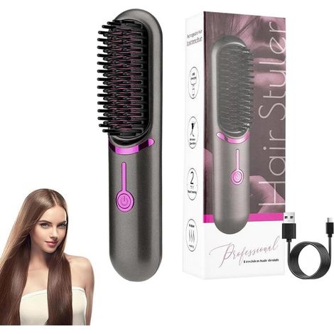 Pettine riscaldato, spazzola lisciante senza fili, portatile e comoda da viaggio, ricaricabile tramite USB, 5400 mAh, ioni negativi, riscaldato, per donne e uomini (nero) (1/5)
