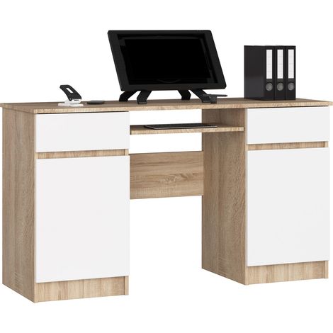 Scrivania per computer AKORD A5 Sonoma Quercia 135 cm 2 ante 2 cassetti inserto frontale Bianco 135x50x77 cm (1/5)