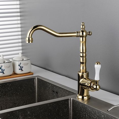 Rubinetto da Cucina Vintage Miscelatore Monocomando per Lavello Fredda e Calda Rubinetto Bagno Lavabo Girevole a 360° Oro (1/4)