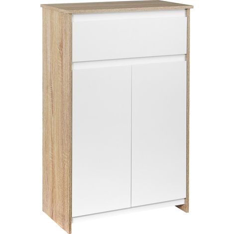 Meuble de salle de bain avec 1 tiroir et 2 portes, meuble d'appoint de style moderne, 60 x 30 x 90 cm, blanc et naturel (1/5)