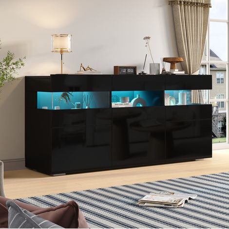 Credenza da soggiorno 140 x 40,5 x 66,5 cm, 3 ante, finitura lucida, nera, LED, OKWISH (1/5)