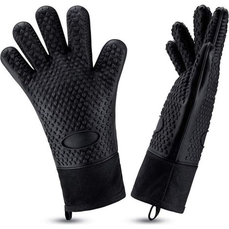 Guantes de silicona resistentes al calor para barbacoa, largos e impermeables con forro de algodón para barbacoa, cocina y repostería (negros). (1/4)