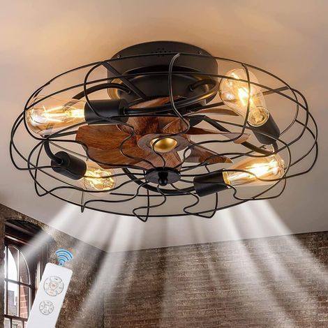Ventilateur de plafond avec éclairage intégré et télécommande, suspension LED rétro industrielle silencieuse, douille E27 rétro pour ventilateur de plafond avec cage métallique, convient aux chambres (1/5)