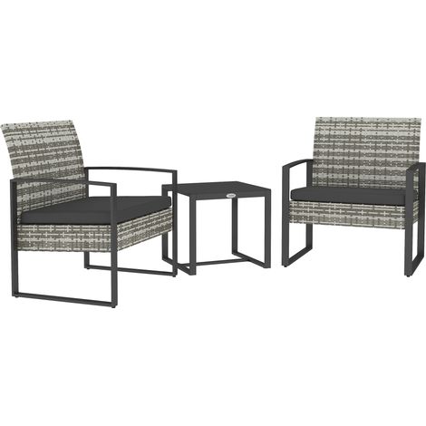 Salon de jardin résine tressée gris clair 3 pièces 2 chaises coussins table basse verre trempé