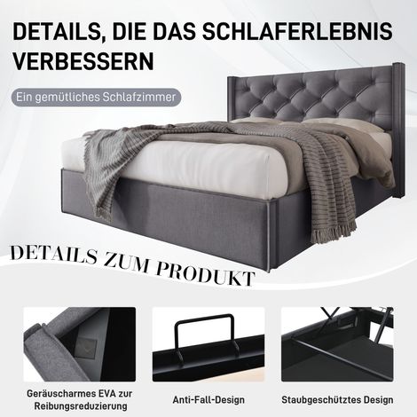 Lit double rembourré hydraulique 140x200, cadre métal lattes robustes, rangement spacieux, tissu coton gris, literie adulte confortable, chambre à coucher moderne (1/5)