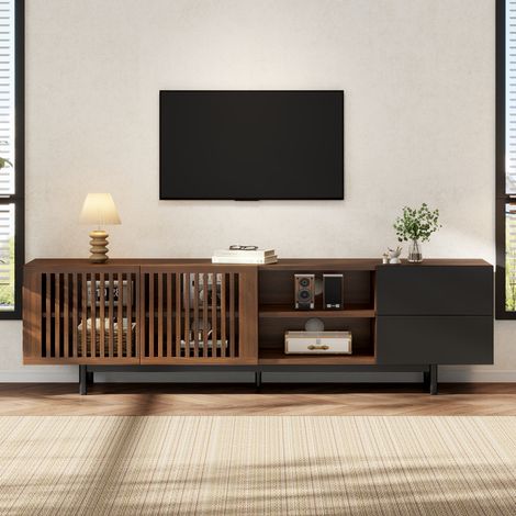 Meuble TV 160 cm en MDF, portes lamellées, 2 tiroirs et niches ouvertes, noir et bois REDOM (1/5)