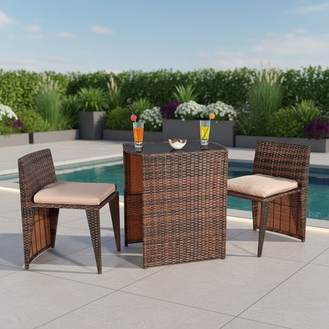 3er Set Gartenmöbel 2 Sitzhocker und Tisch aus Poly Rattan in Braun Sitzgarnitur (1/5)