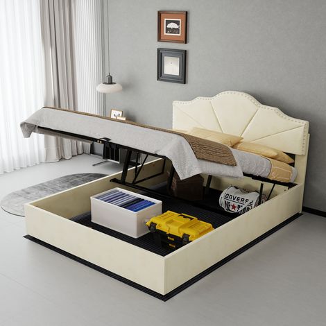 Lit rembourré moderne minimaliste, tête de lit confortable et moelleuse, 140200CM, beige, meuble de chambre multifonction, cadre de lit coffre haut avec vérin hydraulique, matelas non inclus. (1/5)