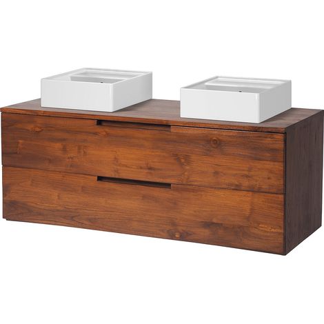 Meuble de salle de bain suspendu en teck foncé avec double vasque - 2 tiroirs - 115 cm - BIMBING