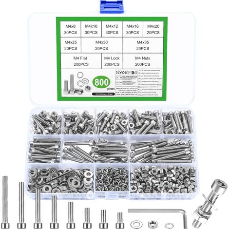 800 Pièces Set de Vis M4, Boulons Vis et écrous, Vis Boulons et écrous, Vis à Tête Cylindrique à Six Pans Creux en Acier Inoxydable, Vis Boulon et écrous et Rondelles Kit pour Réparation Bricolage (1/4)