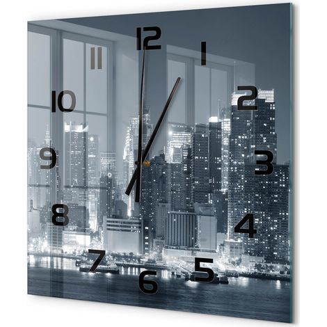 Grande Horloge Murale Carrée Design en Verre Trempé Silencieuse Décoration Intérieure Manhattan, New York 60x60 cm (1/5)