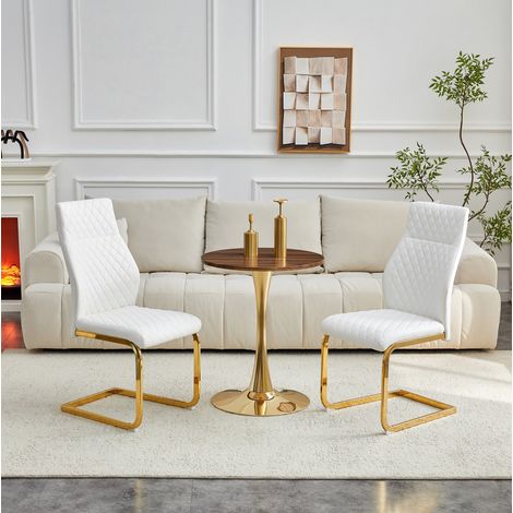 Set da pranzo con tavolo rotondo in MDF effetto noce 60 cm e 2 sedie in PU bianco con struttura in metallo oro (1/5)