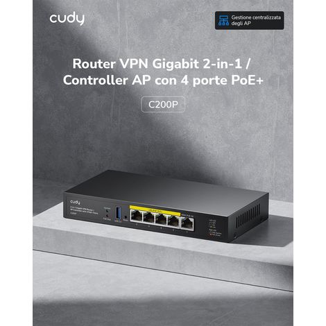 Cudy Router VPN SMB 2-In-1 AP Controller C200P, 4 Porte LAN GbE PoE , 1 Porta WAN Gigabit, USB 3.0, Fino A 200 AP, Captive Portal, WireGuard/OpenVPN/IPsec (1/4)