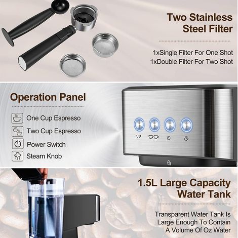 Espressomaschine (15 Bar), 1050 W, All-in-One-Halbautomat mit Milchaufschäumer, 1,5-Liter-Wassertank, Filter, Tamper, ABS + Edelstahl, schwarz (1/5)