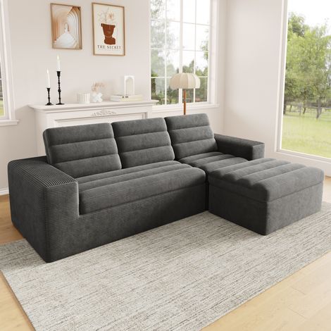 Canapé d'angle modulaire 253x161x89 cm gris foncé avec pouf, tissu velours côtelé, MEUBLIV (1/5)